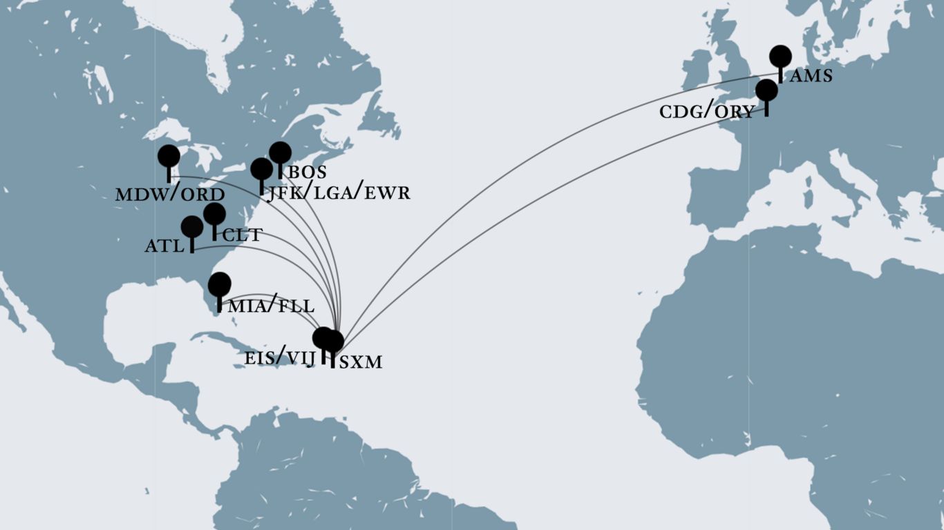 Flight paths from major cities to SXM airport